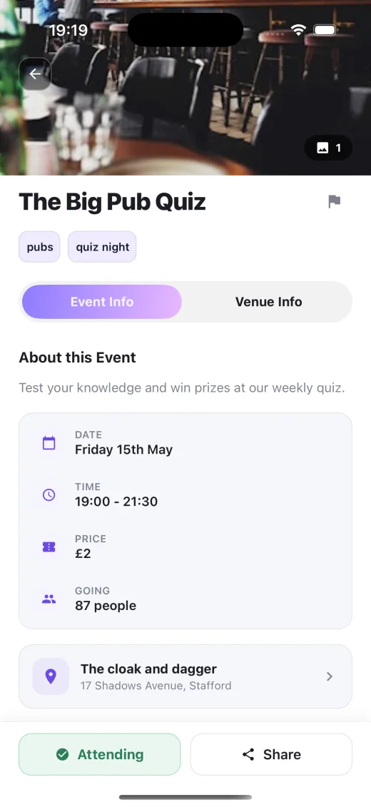 Zappnin event detail screen for The Big Pub Quiz with RSVP and venue details
