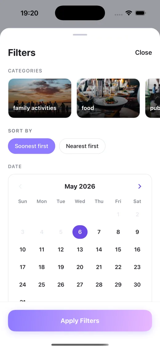 Zappnin filters screen showing categories, sort options, and a date picker